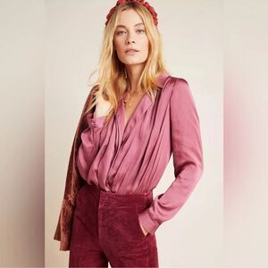 Paige Sevynne Satin Bodysuit Satin Shirt Surplice Blouse Deco Rose Pink Large